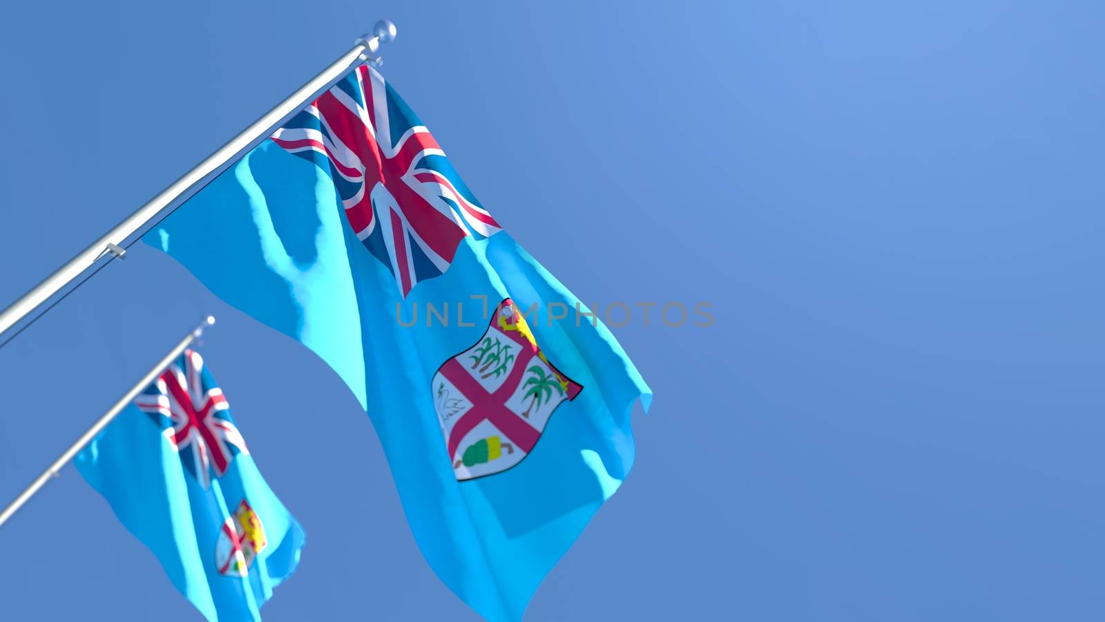 3D rendering of the national flag of Fiji waving in the wind against a blue sky
