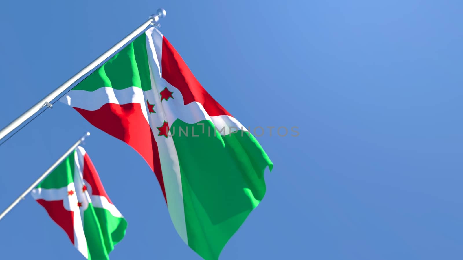 3D rendering of the national flag of Burundi waving in the wind against a blue sky