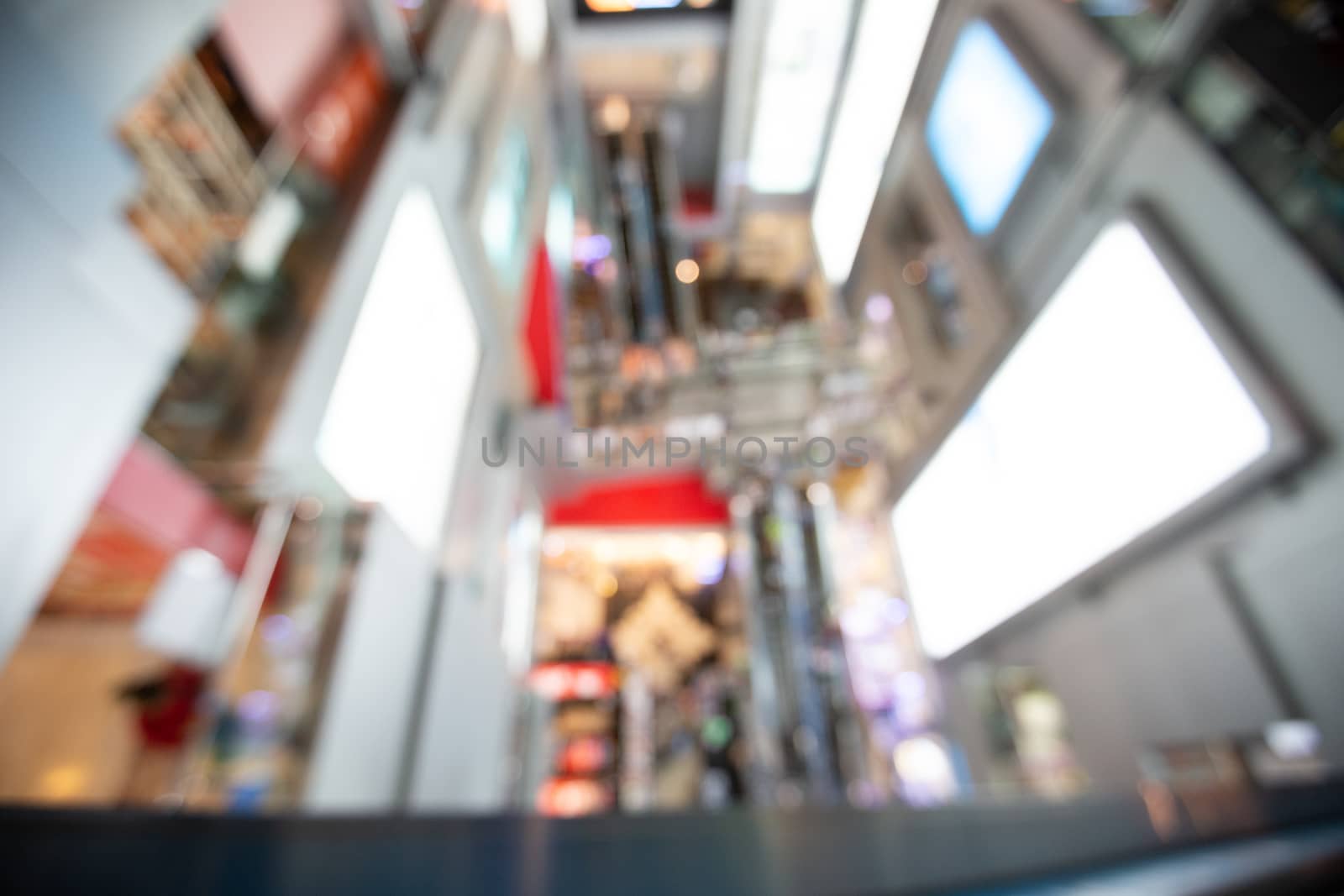 Abstract blur lights in retail shop mall background. Interior clean supermarket lifestyle concept for city store billboard, consumer way modern market glowing center, Defocus blurred coffeeshop.