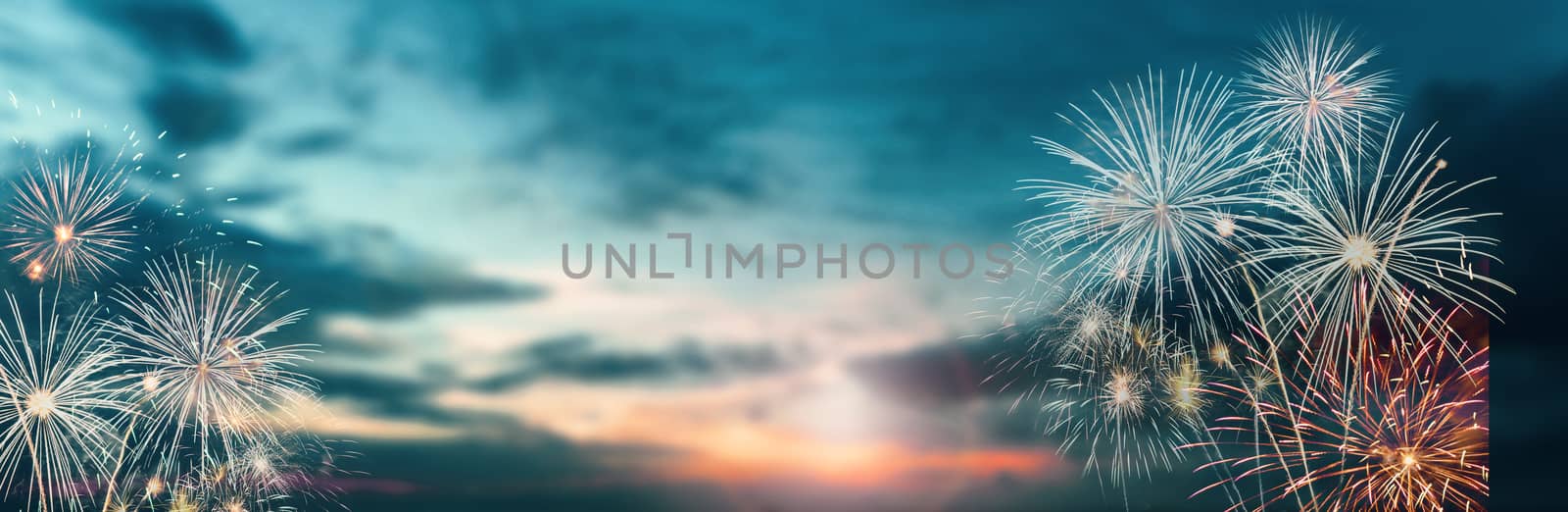 Celebration colorful firework on pattern on sky background concept for USA 4th july independence day, symbol of patriot freedom festive, Abstract happy new year 2021 with copy space for display