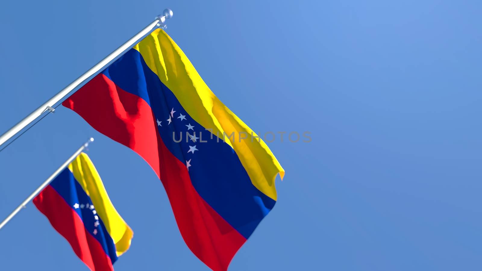 3D rendering of the national flag of Venezuela waving in the wind against a blue sky