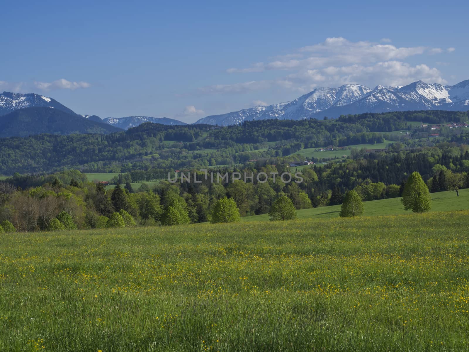 Beautiful spring rural mountain landscape in the Bavarian Alps with church and snow covered mountain peaks massif in the background. Bavaria, Germany.