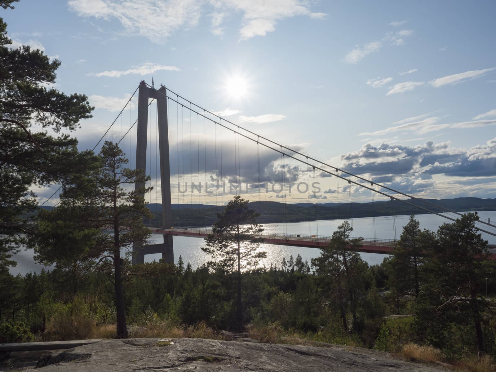 Summer view of the High coast bridge Hogakustenbron seen from the north bank of the river Angermanalven located near Harnosand in Vaesternorrland, Sweden. by Henkeova