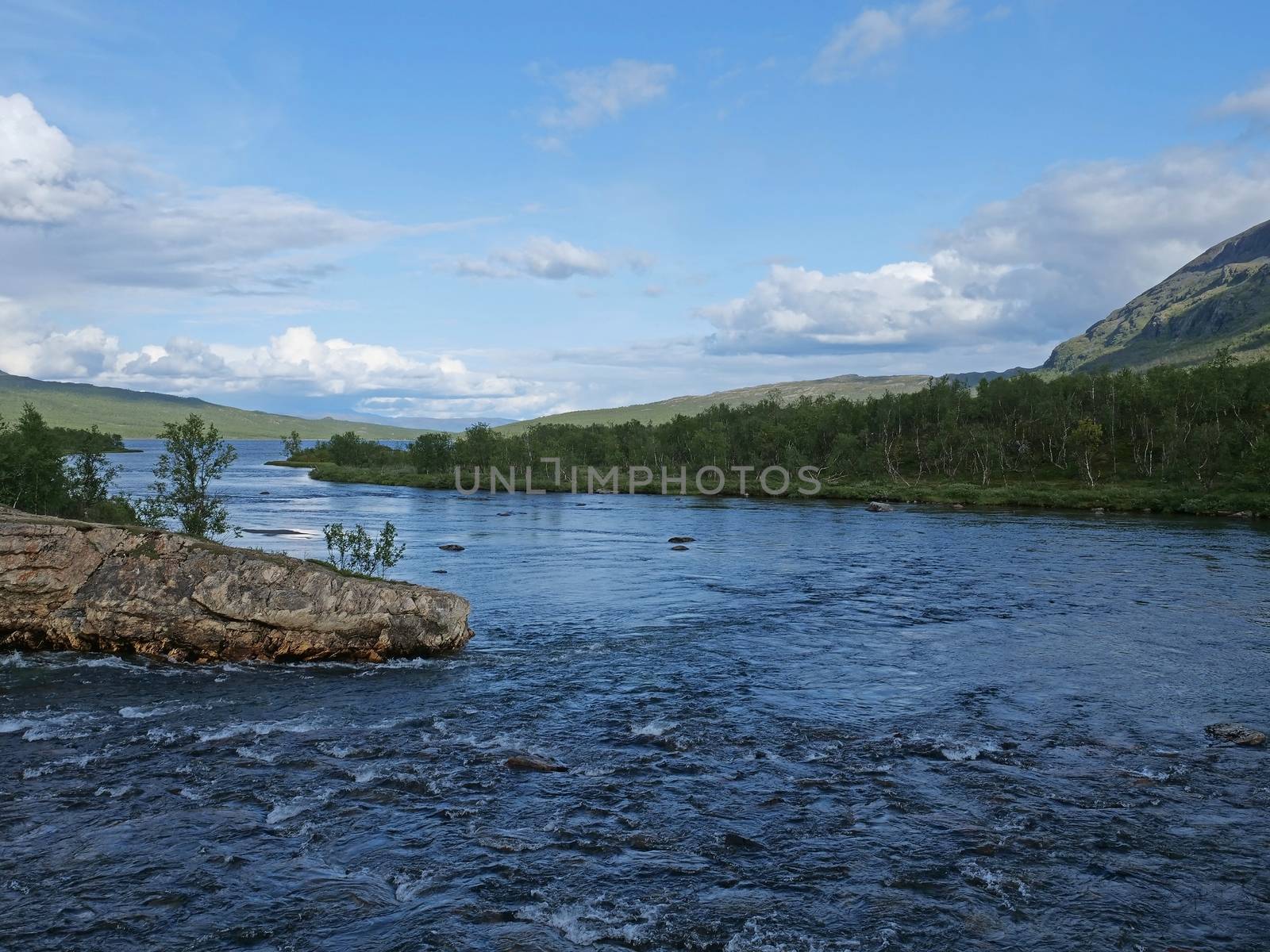 Landscape with a blue glaciar river Abiskojokk, rock, birch tree and green hills in Abisko National Park, Lapland, Northern Sweden, Kungsleden trail. Summer sunny day.