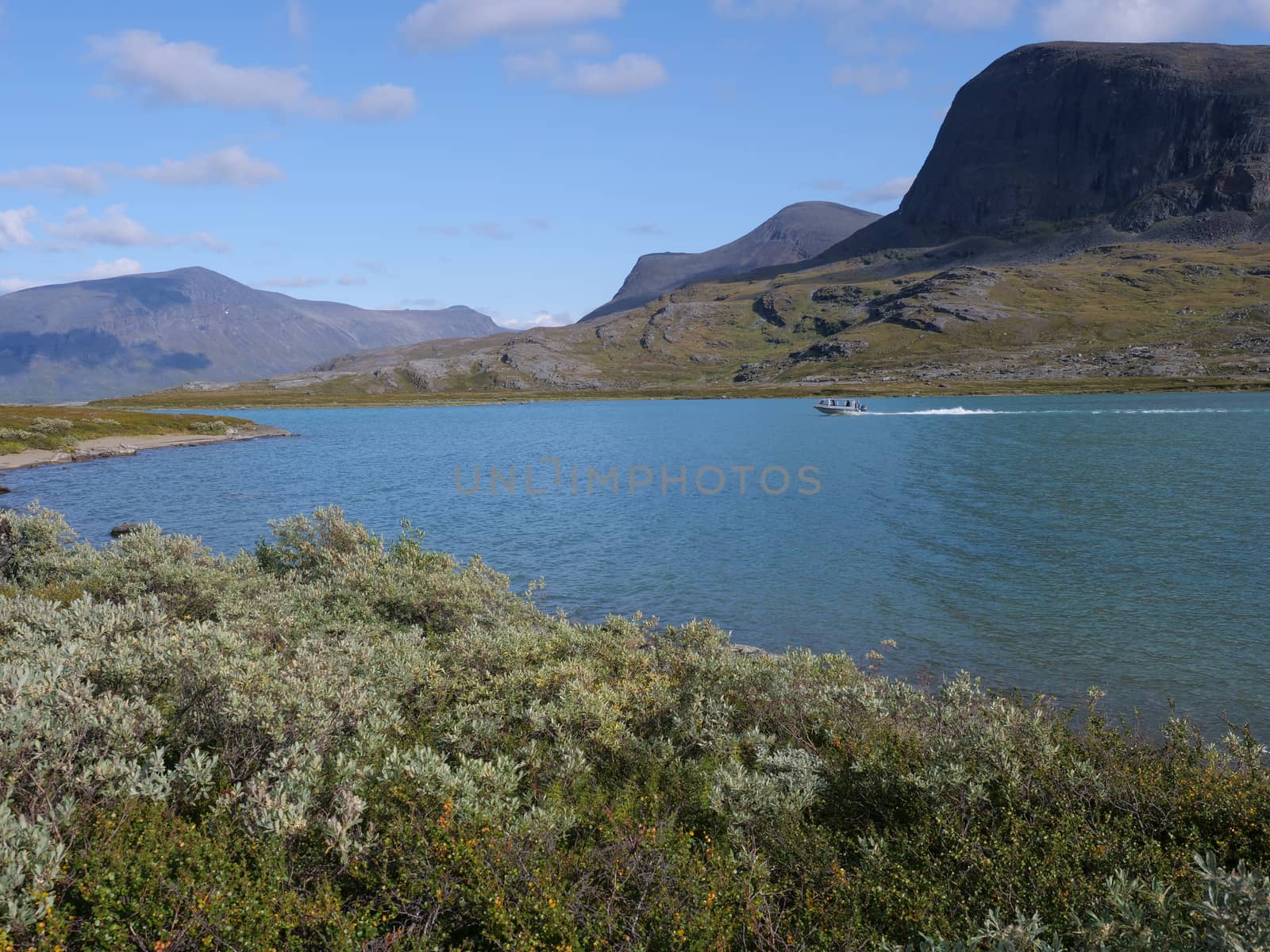 Lapland nature landscape with blue glacial lake Alesjaure with motor boat, birch tree forest, snow capped mountains. Northern Sweden, at Kungsleden hiking trail. Summer sunny day.