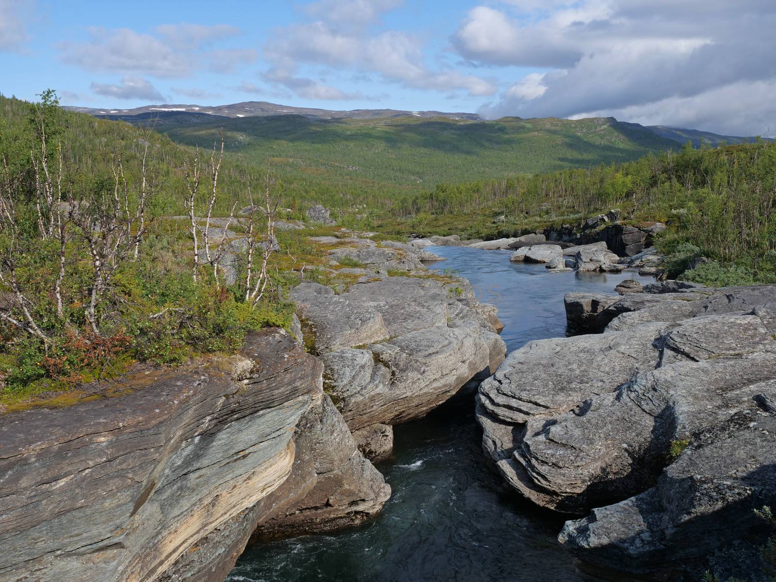 Blue glacial river canyon with granite rork boulders., birch tree forest and mountains. Abisko National Park, Lapland, Northern Sweden, at the start of Kungsleden trail. Summer sunny day.