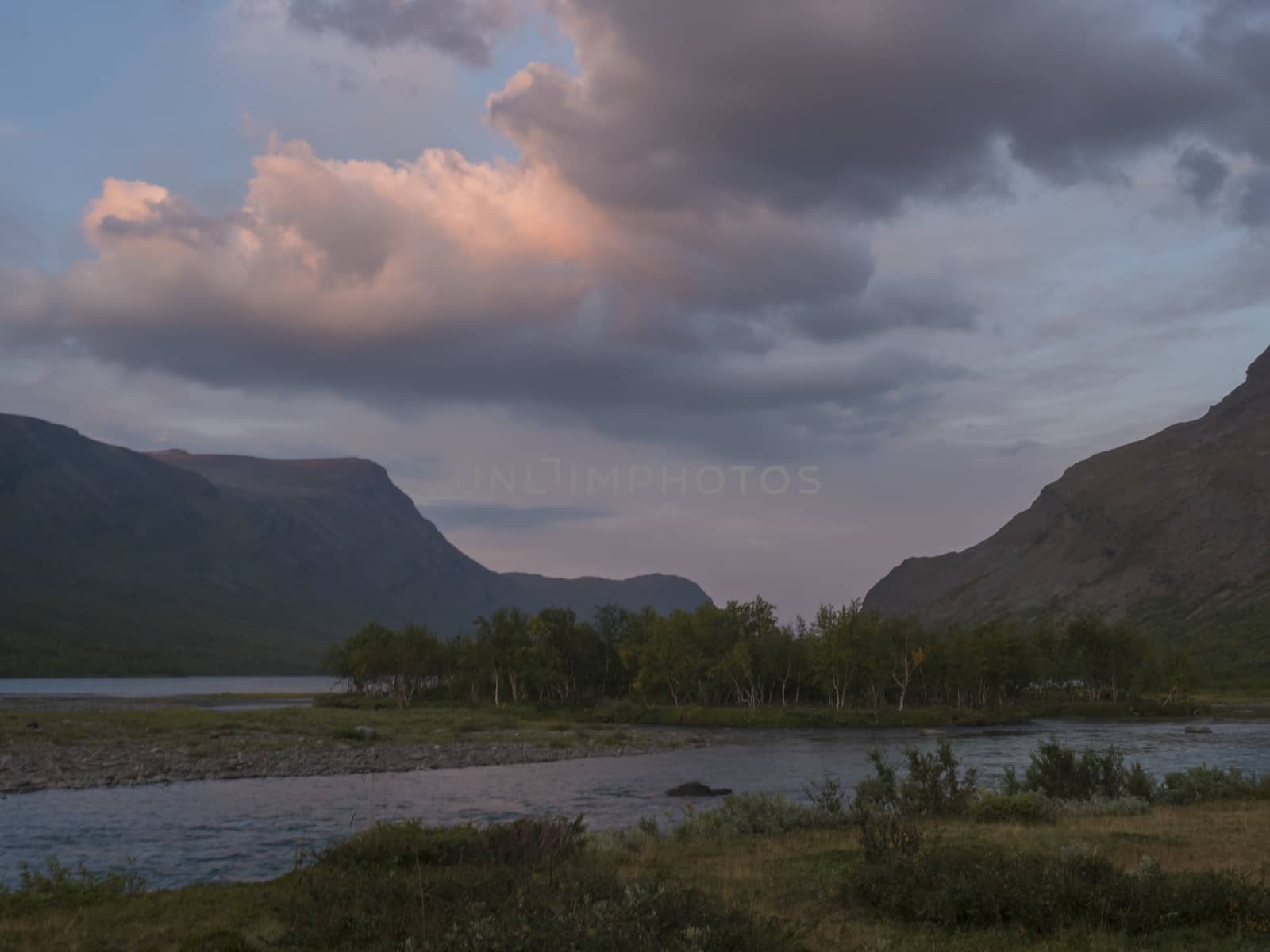 Confluence of wild Tjaktjajakka river and Kaitumjaure lake with small birch tree forest island and mountains. Lapland nature landscape in summer, sunset pink clouds.