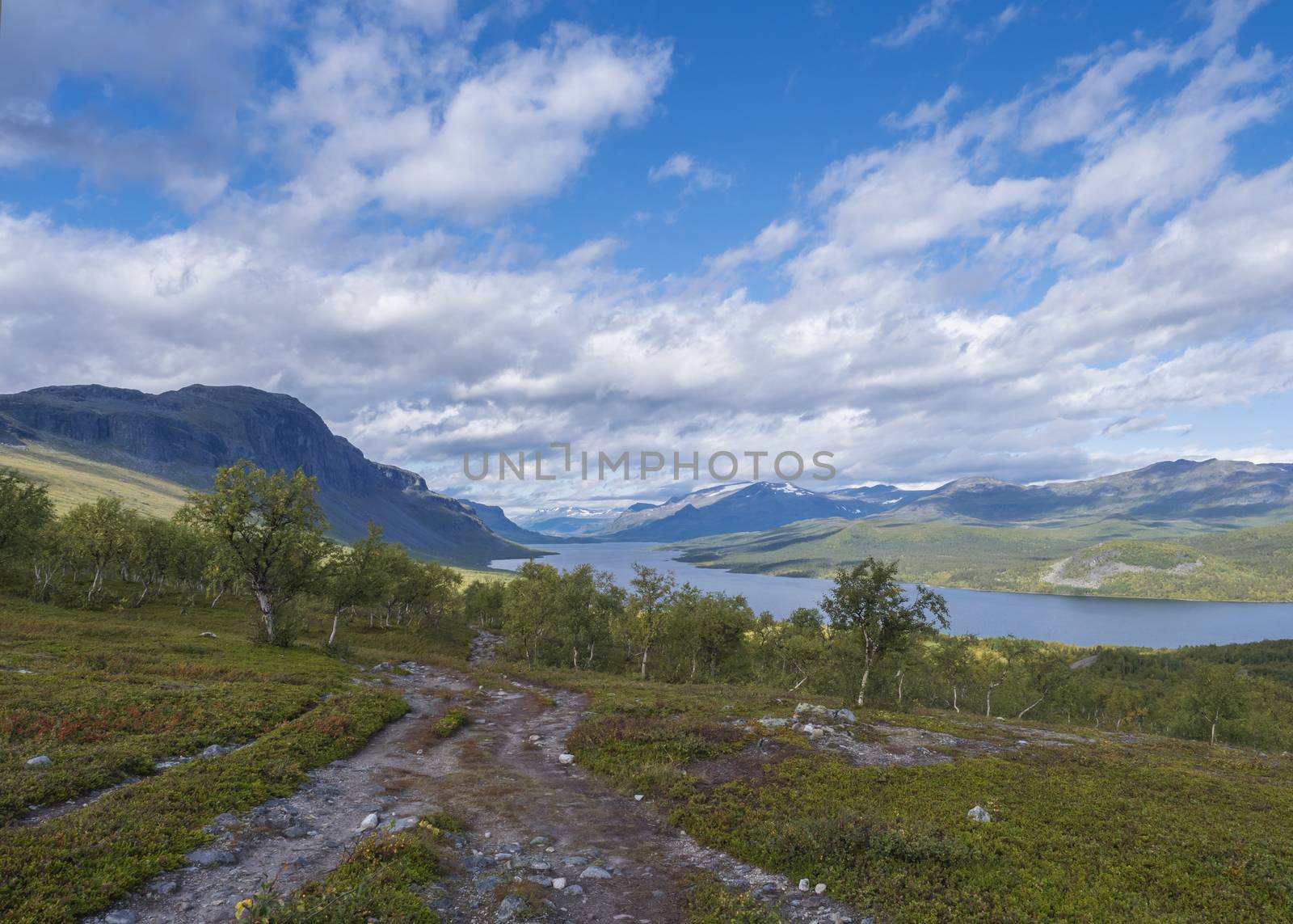 Lapland landscape with beautiful river Lulealven, snow capped mountain, birch tree and footpath of Kungsleden hiking trail near Saltoluokta, north of Sweden wild nature. Summer blue sky by Henkeova