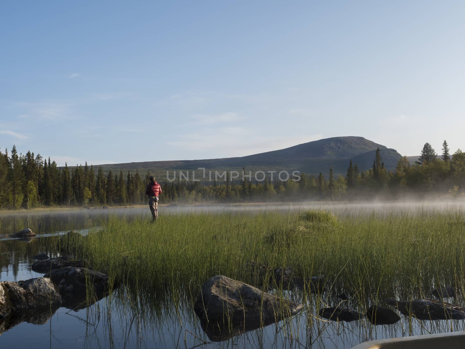 Fisherman man catching fish at lake Sjabatjakjaure in Beautiful sunny morning haze mist in Sweden Lapland nature. Mountains, birch trees, spruce forest. Blu sky.