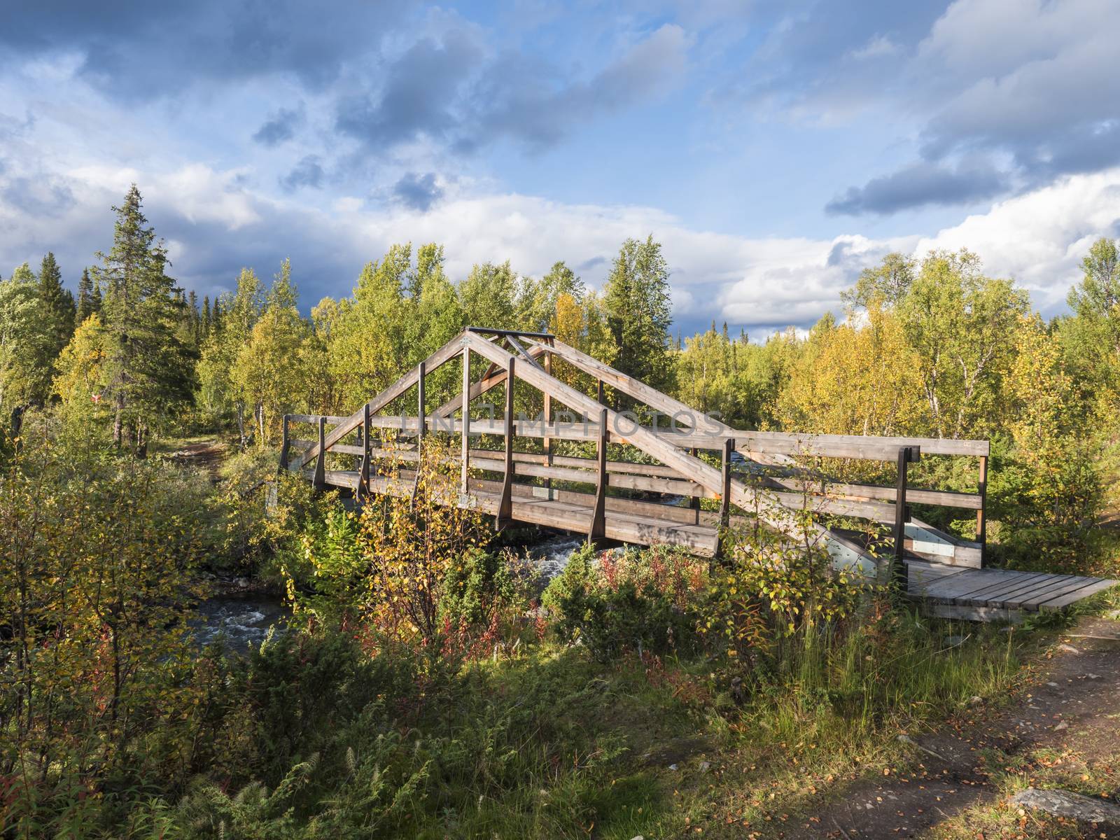 Wooden foot bridge over river stream near Kvikkjokk in Sweden Lapland with birch and spruce tree forest. Early autumn colors, sunlight, blue sky white clouds