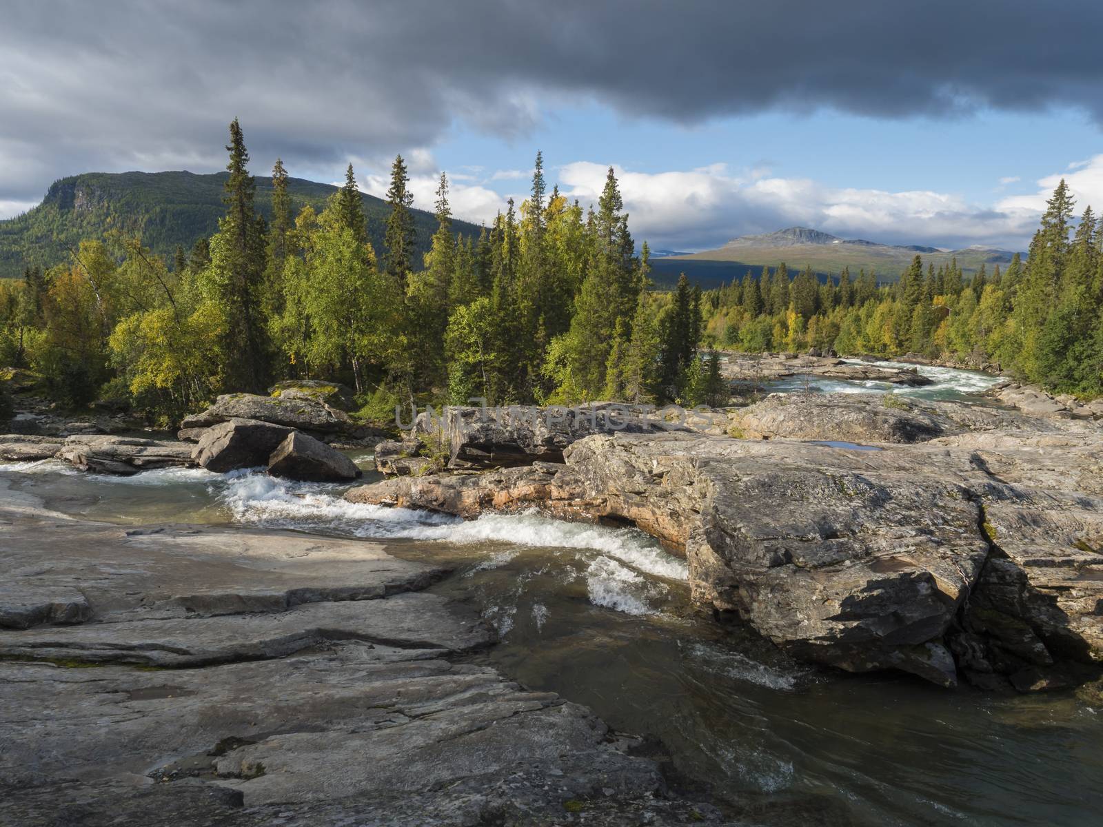 Beautiful northern landscape with wild glacier river Kamajokk, boulders and spruce tree forest in Kvikkjokk in Swedish Lapland. Summer sunny day, golden hour, dramatic clouds.