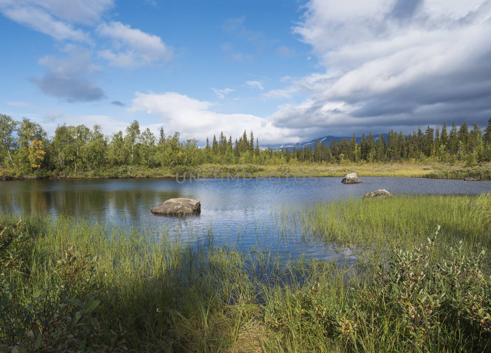 Beautiful northern landscape with river basin of Kamajokk, boulders, mountain peaks and spruce tree forest in Kvikkjokk in Swedish Lapland. Summer sunny day, dramatic clouds.