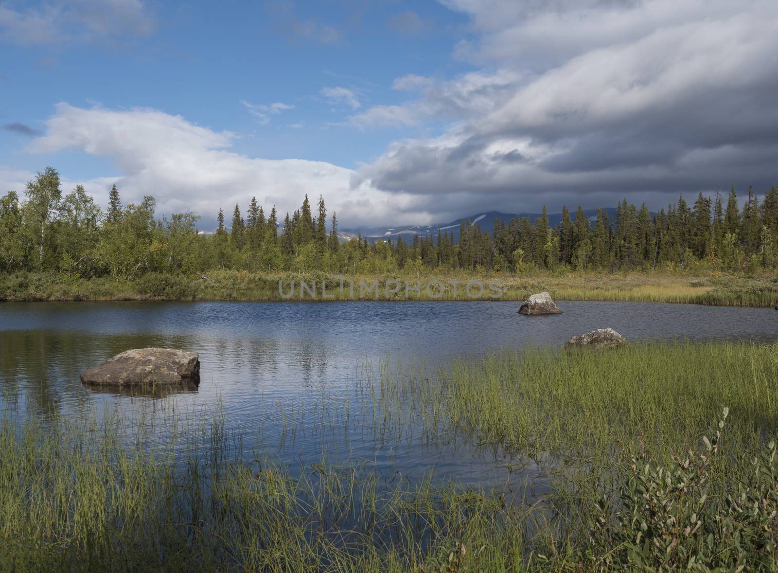 Beautiful northern landscape with river basin of Kamajokk, boulders, mountain peaks and spruce tree forest in Kvikkjokk in Swedish Lapland. Summer sunny day, dramatic clouds.