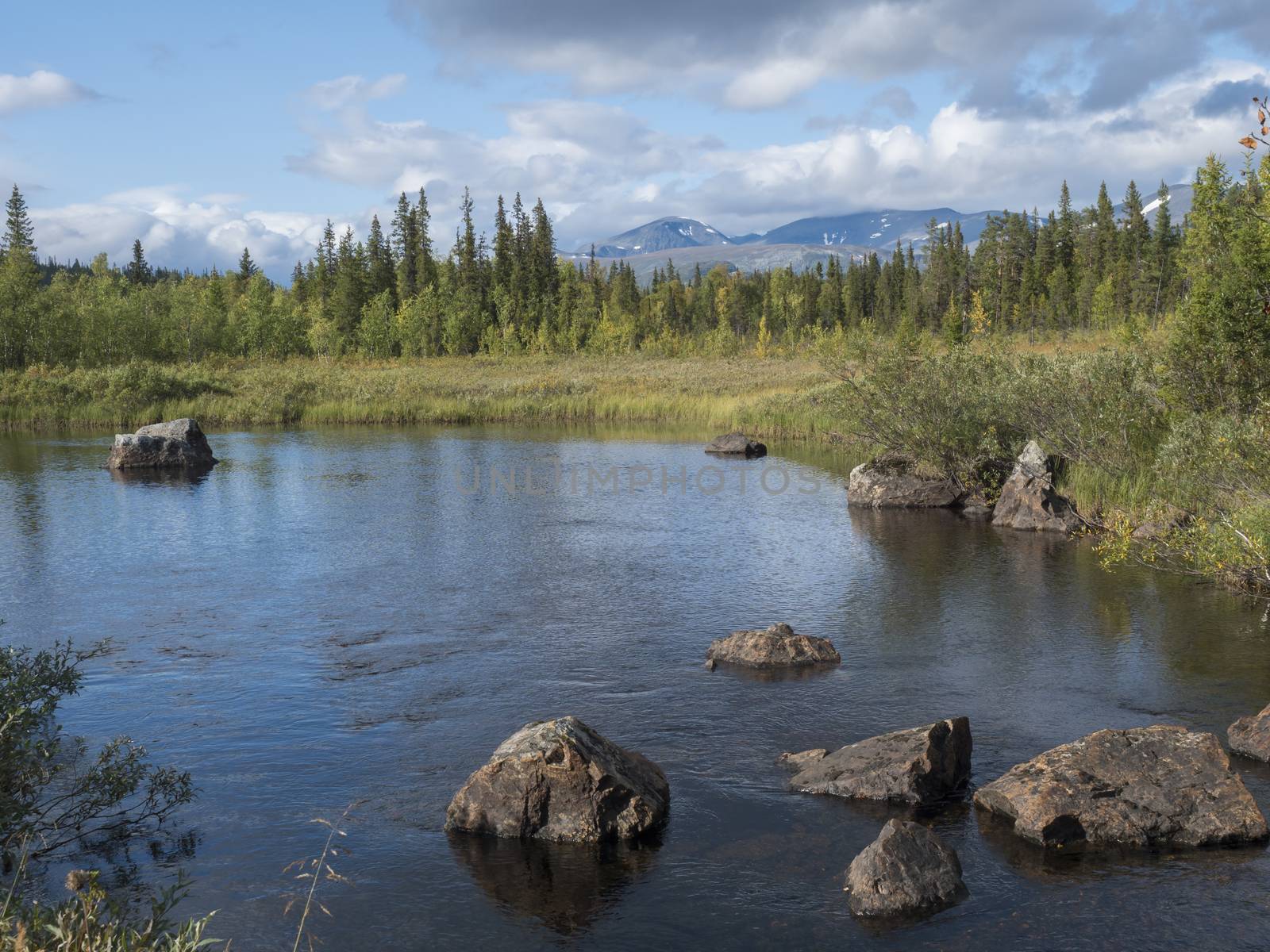 Beautiful northern landscape with river basin of Kamajokk, boulders, mountain peaks and spruce tree forest in Kvikkjokk in Swedish Lapland. Summer sunny day, dramatic clouds.