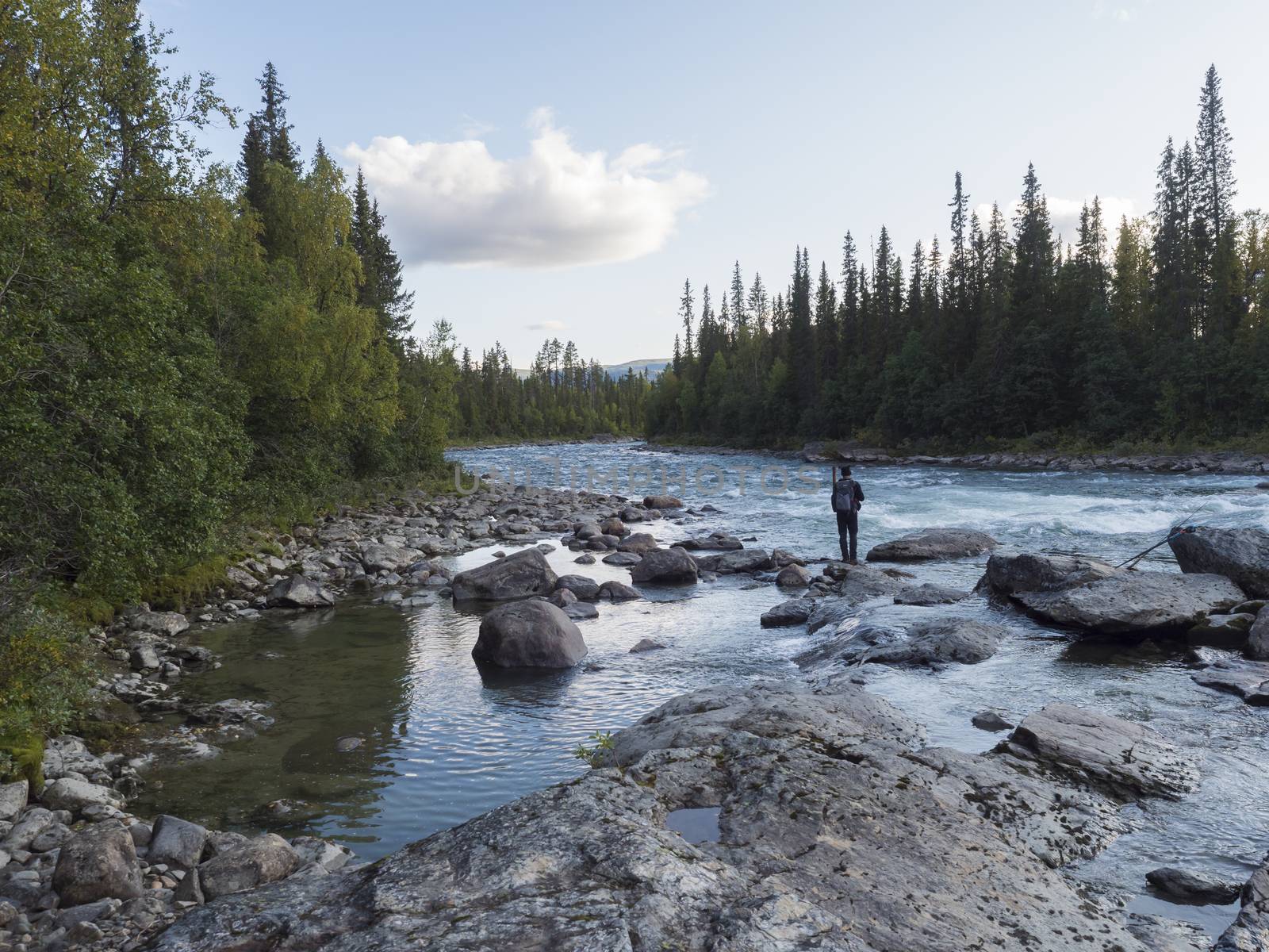 Beautiful northern landscape with wild glacial river Kamajokk, boulders and spruce tree forest in Kvikkjokk in Swedish Lapland. Summer sunny day, golden hour, dramatic clouds.