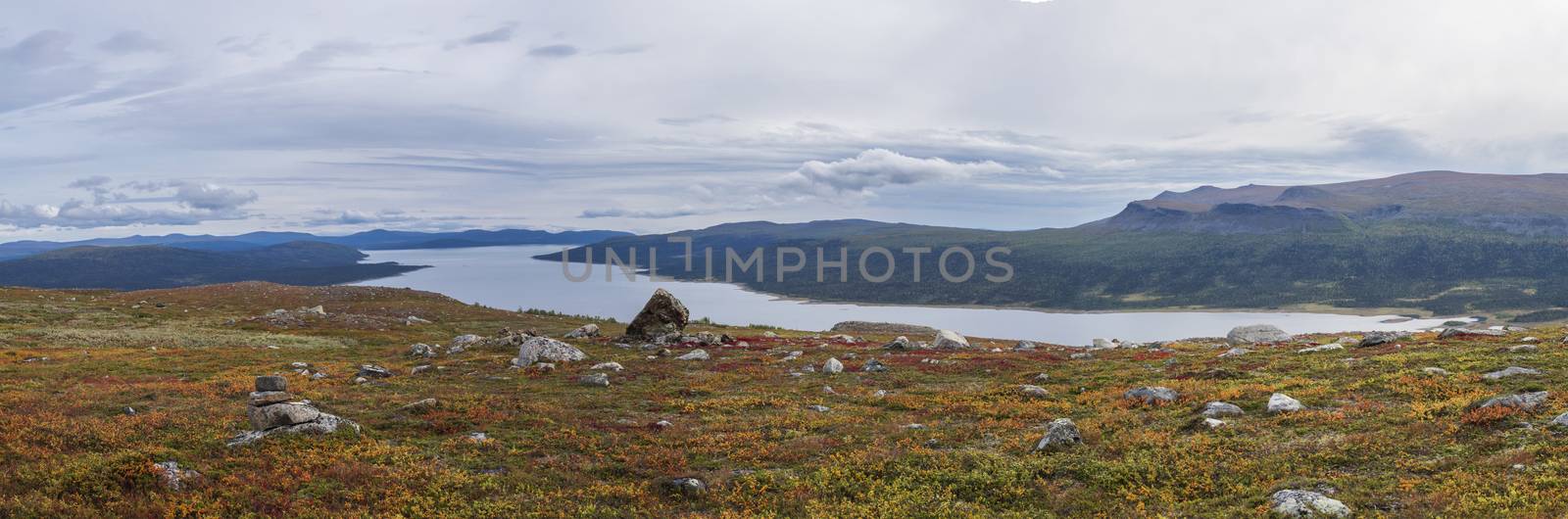 Panoramic landscape of wild nature in Sarek national park in Sweden Lapland with snow capped mountain peaks, river and lake, birch and spruce tree forest. Early autumn colors, blue sky white clouds
