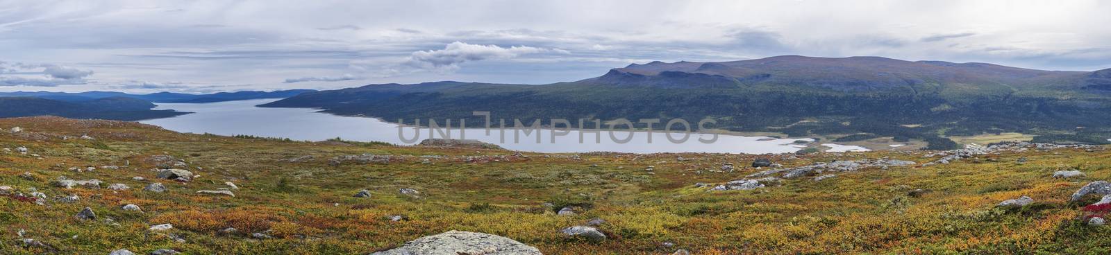 Panoramic landscape of wild nature in Sarek national park in Sweden Lapland with snow capped mountain peaks, river and lake, birch and spruce tree forest. Early autumn colors, blue sky white clouds