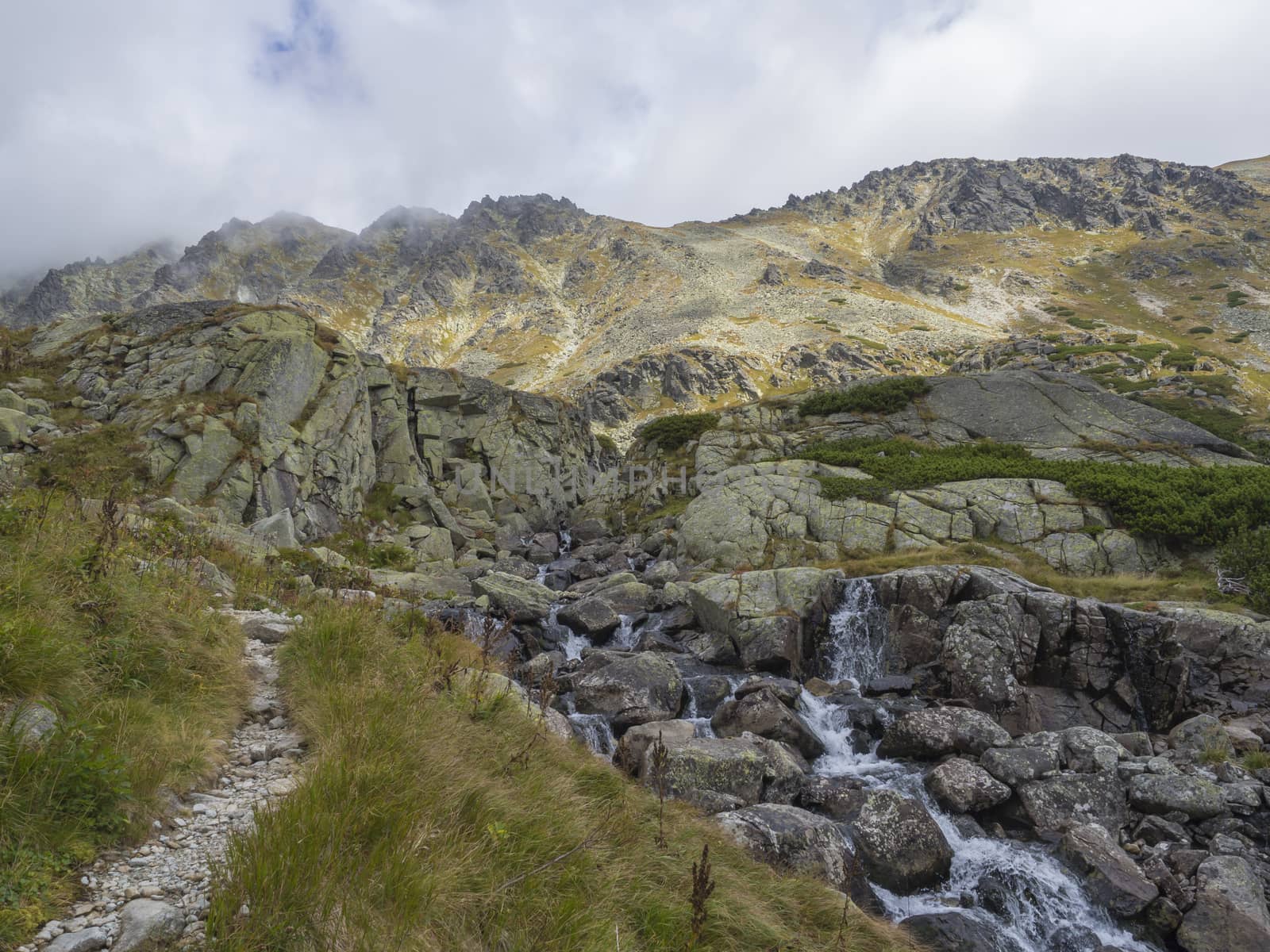 Valley Mlynska Dolina in slovakia mountains with Panoramic view on Strbske pleso village and mountain river stream, High Tatra Mountains, Slovakia, summer day