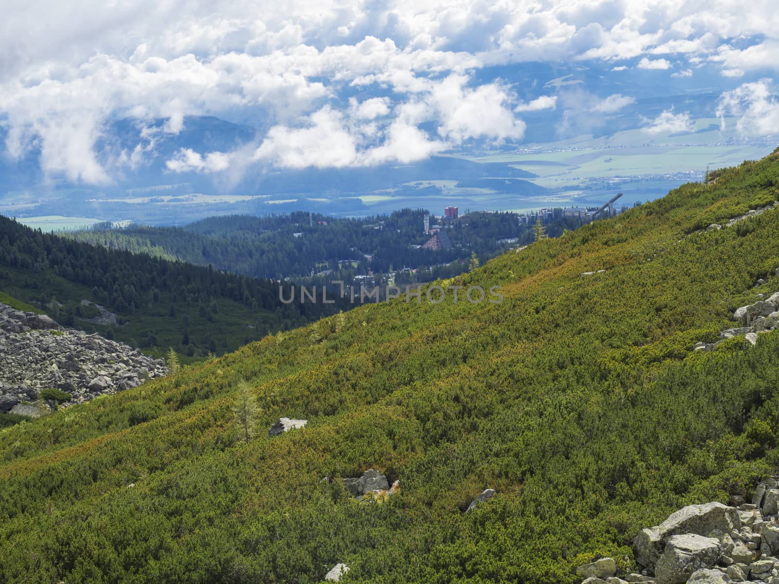 Valley Mlynska Dolina in slovakia mountains with Panoramic view on Strbske pleso village and green slope, High Tatra Mountains, Slovakia, summer.