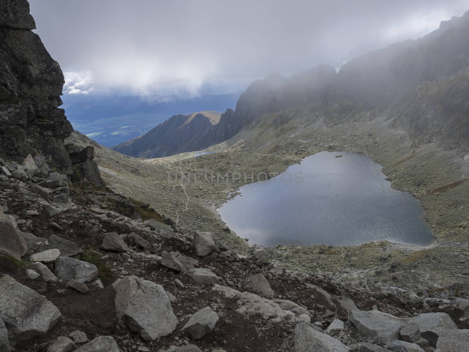 Nizne Wahlenbergovo pleso mountain lake in Furkotska dolina view from Bystre sedlo pass in high Tatras mountains in Slovakia.