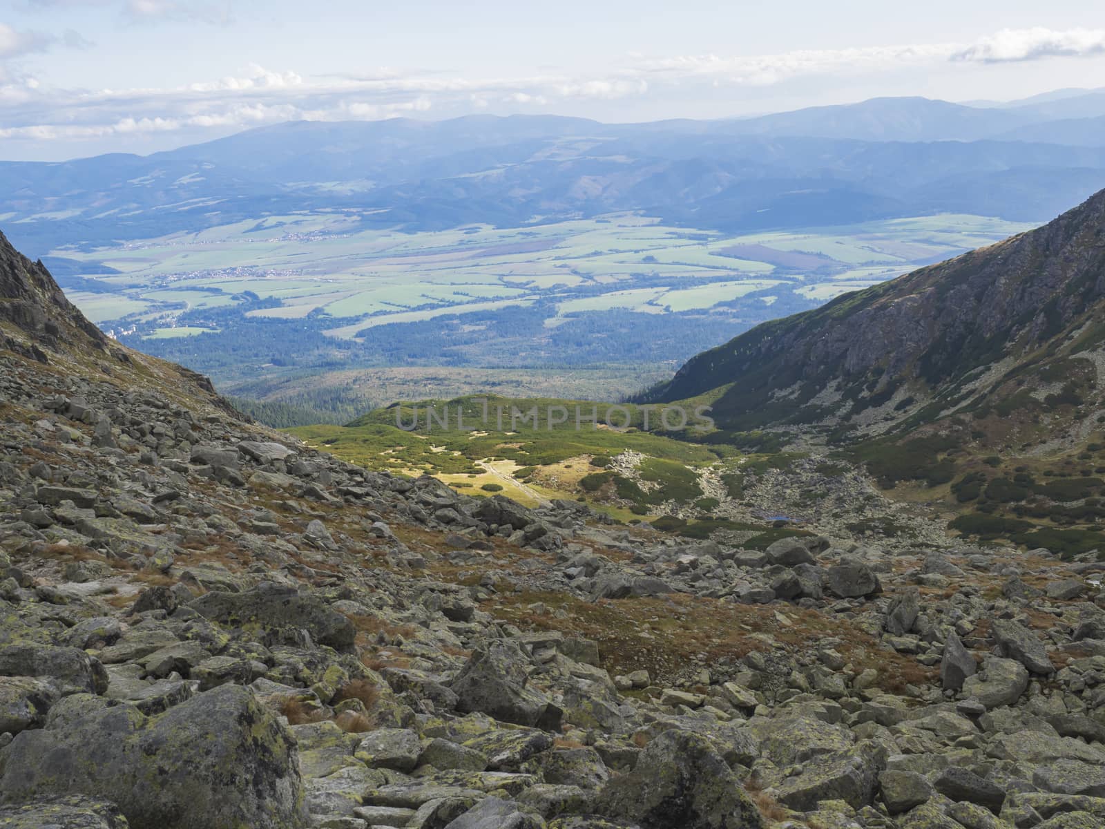 View on Furkotska dolina with Vysne Furkotske pleso mountain lake in high Tatras mountains, Vysoke Tatry Slovakia.