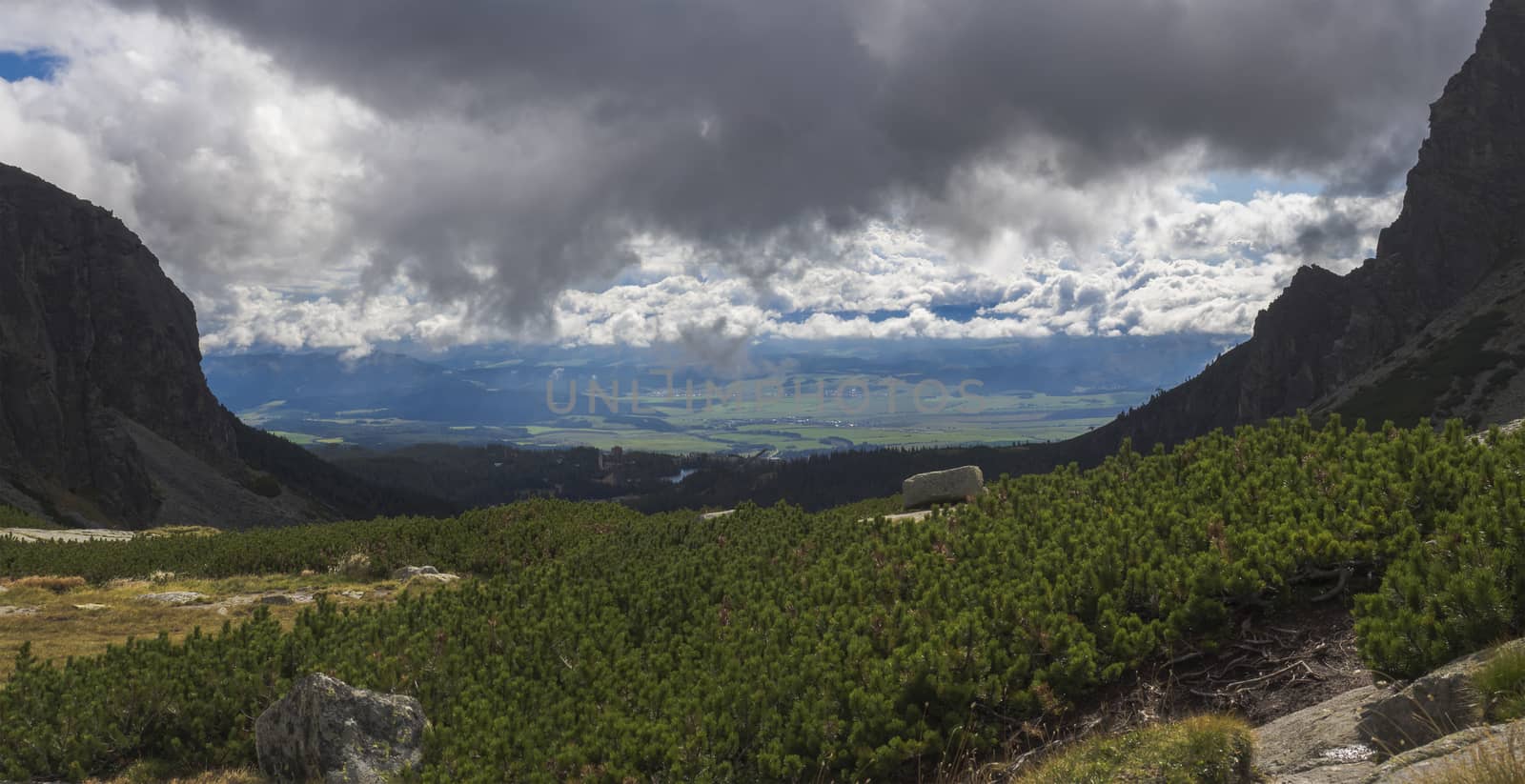 Valley Mlynska Dolina in slovakia mountains with Panoramic view on Strbske pleso village and mountain lake, High Tatra Mountains, Slovakia, summer day