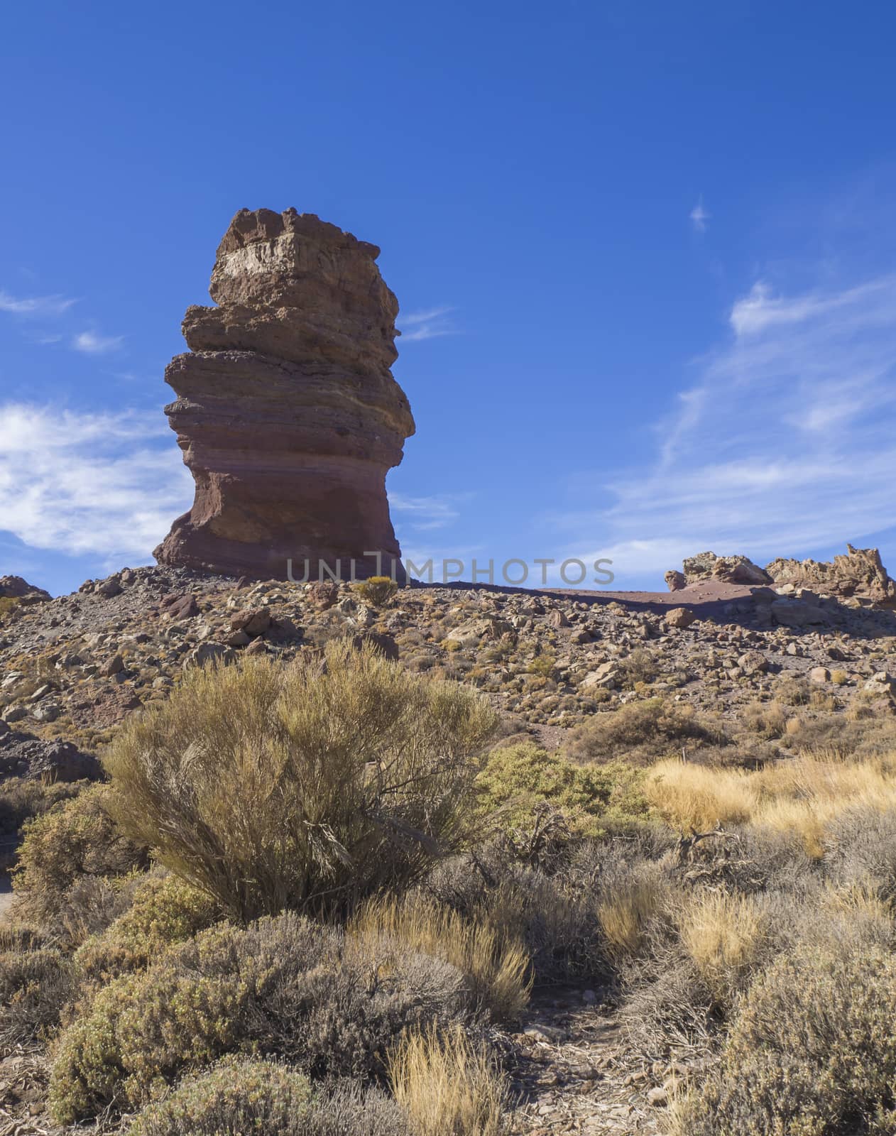 view on Roque Cinchado gods finger, famous rock formation in Roques de Garcia el teide national park with dry vegetation and clear blue sky by Henkeova