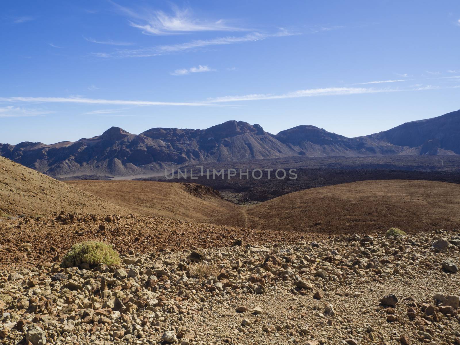 desert volcanic landscape with purple mountains orange sand and dry bush in el teide national nature park with lava field and rock balls on clear blue sky background