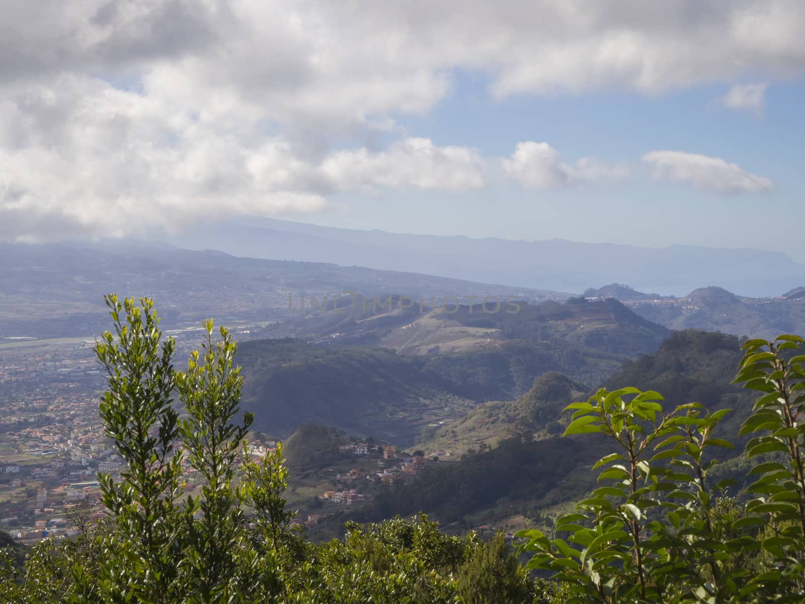 view point in anaga mountain hills peaks with green cypress bush, village houses and blue sky white clouds background, tenerife  canary island spain