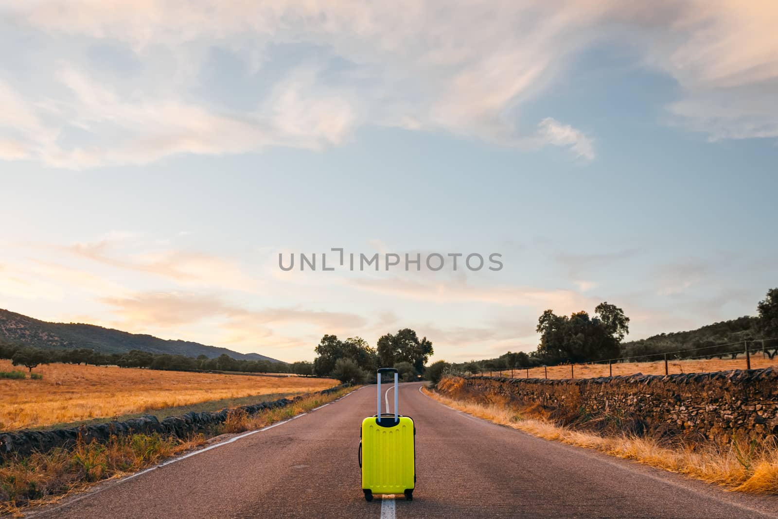 yellow suitcase on a road in the field. by Fotoeventis