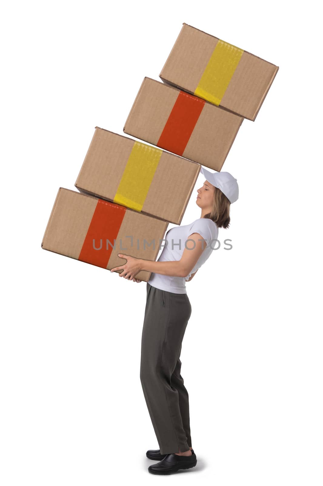 Delivery woman with heap of big boxes by ALotOfPeople