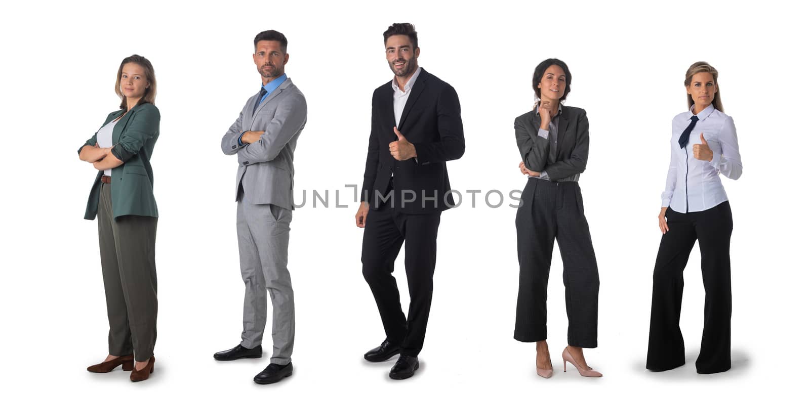 Successful business team. Full length portrait of group of confident business people showing thumbs up and smiling. Design element, studio isolated on white background