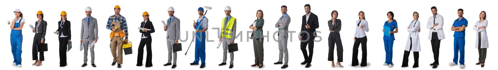 Full length portrait of group of people representing diverse professions of business, medicine, construction industry