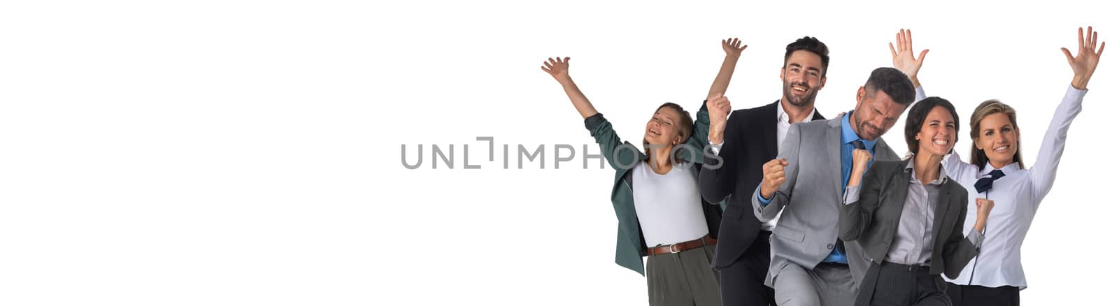 Successful excited business people group team, young businesspeople standing together smile hold fist ok yes gesture with raised hands arms, studio isolated over white background