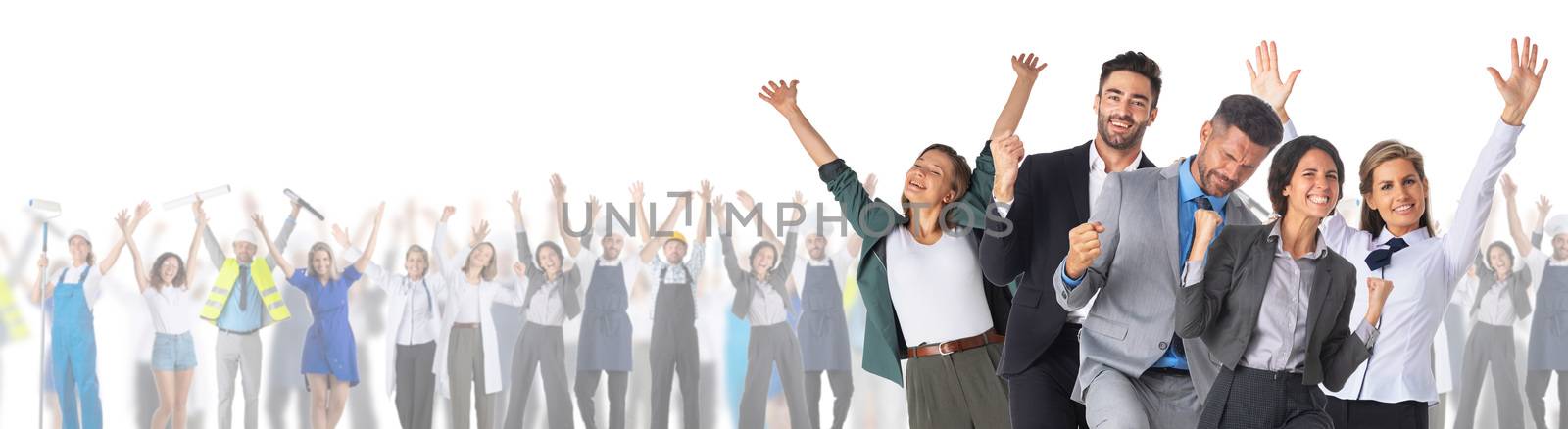 Successful excited business people group team in front of crowd of different industries professions people cooperation job search staff management concept isolated on white