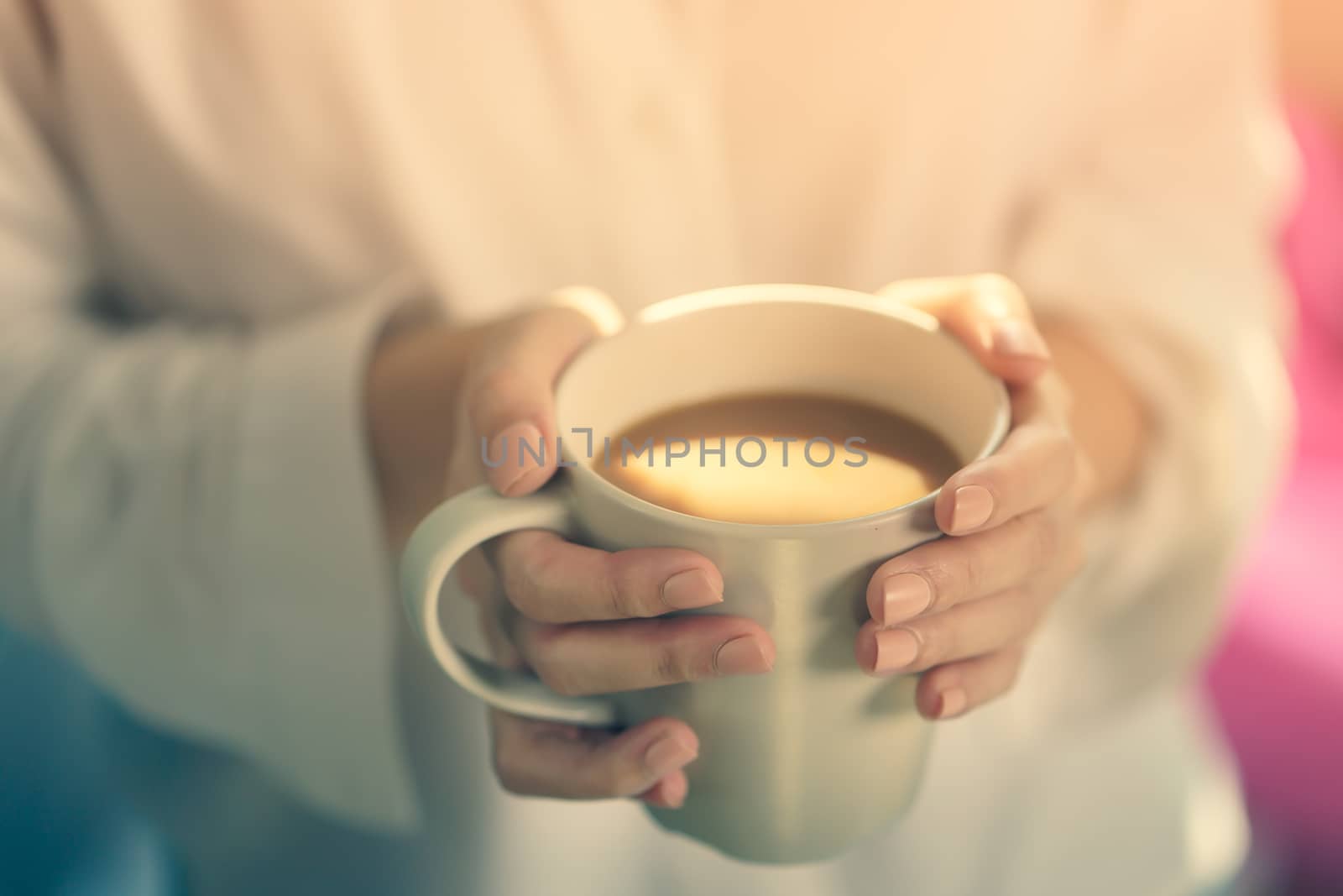 Woman hands holding hot cup of coffee or tea in morning sunlight.