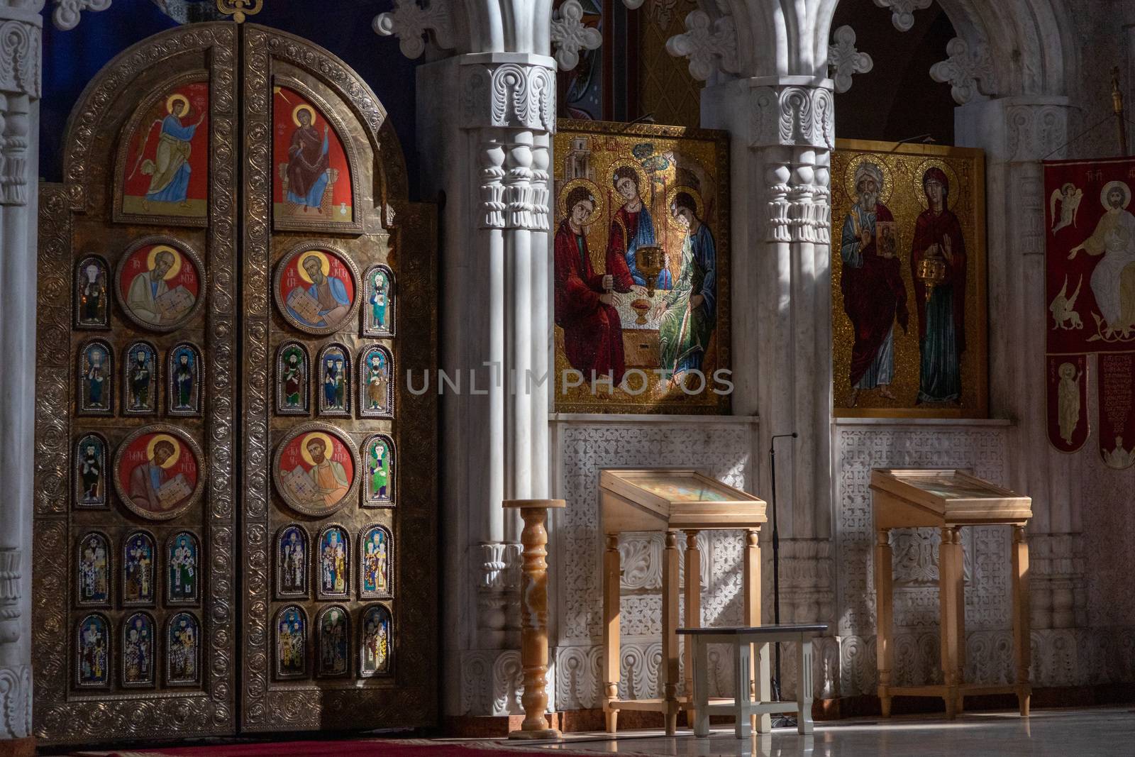 Holy Trinity Cathedral of Tbilisi, Georgia Interior is the main cathedral of the Georgian Orthodox Church Constructed between 1995 and 2004, it is the third-tallest Eastern Orthodox cathedral in the world and one of the largest religious buildings in the world by total area Beautiful icons and architecture 9/10/2019. High quality photo