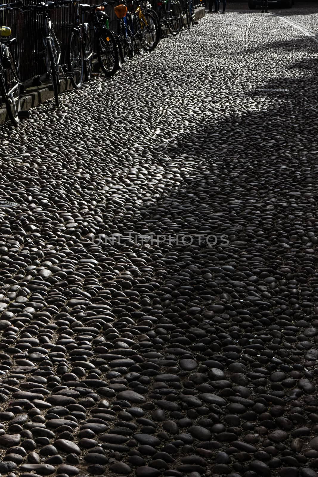 Cobbles in Oxford, Radcliffe Square. Street paved with cobbles in low sun light giving great texture. Bicycles leaning against fence. High quality photo