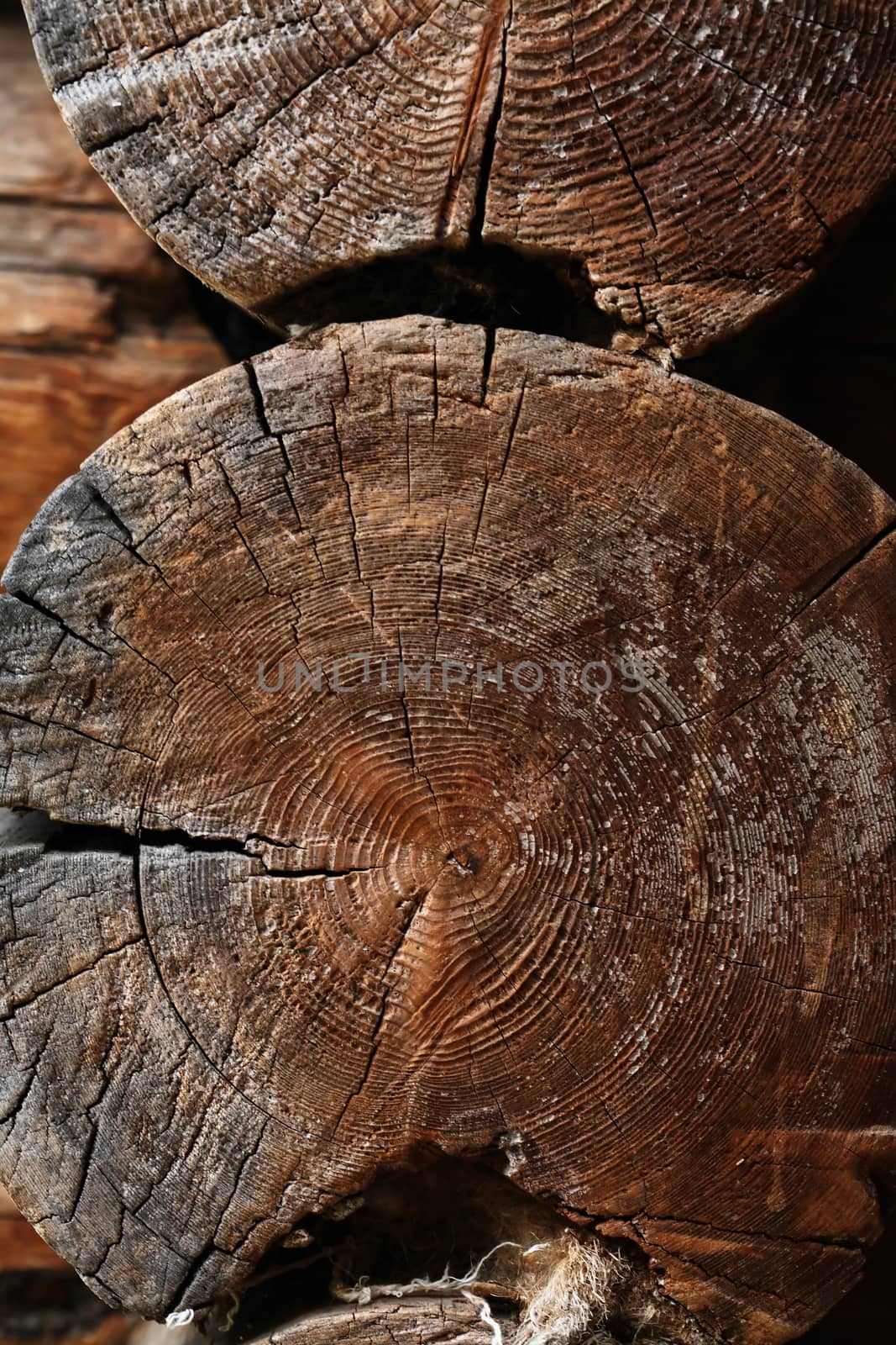 Extreme closeup background with old house corner made from logs