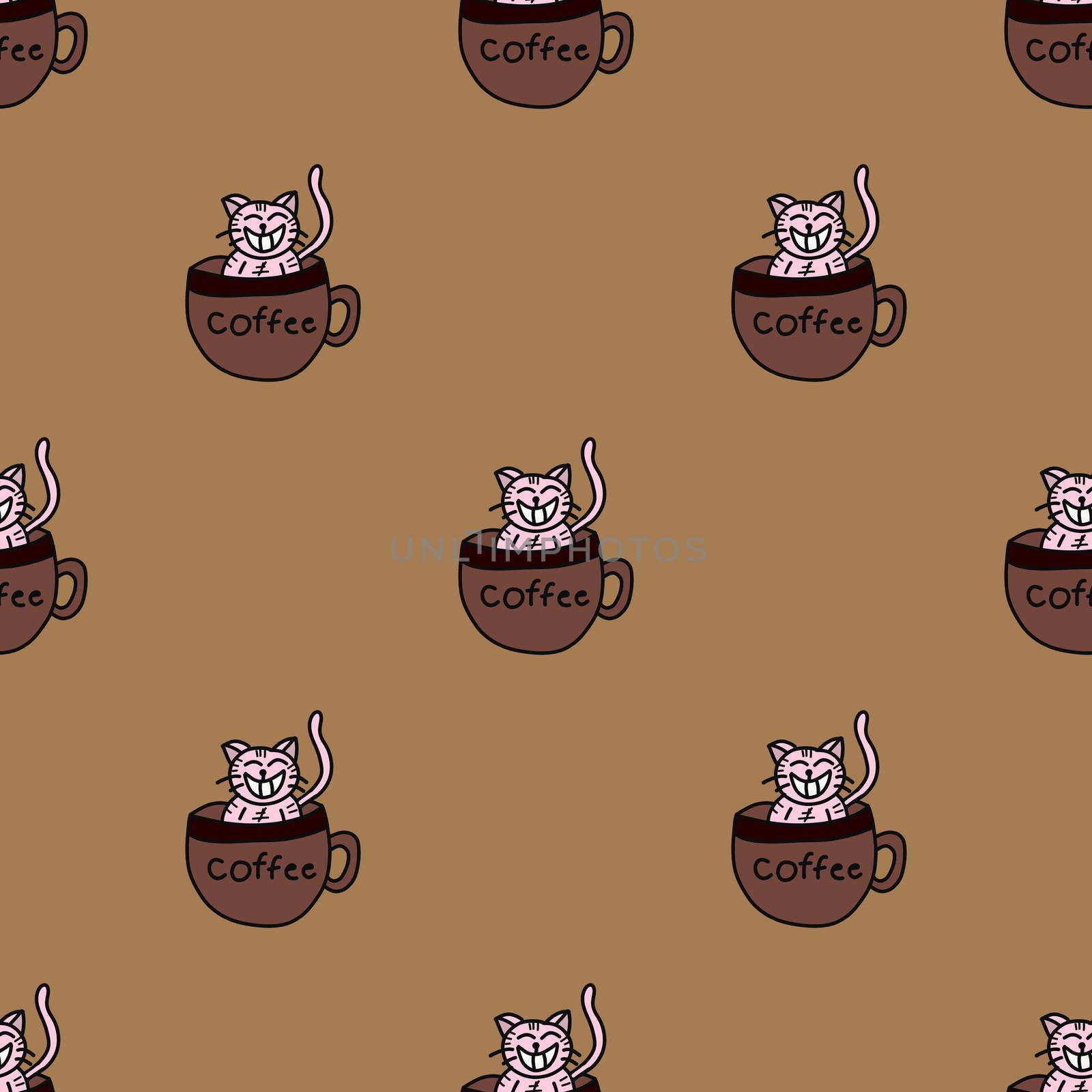 Seamless pattern of cute pink cat sitting in cup of coffee on brown background.