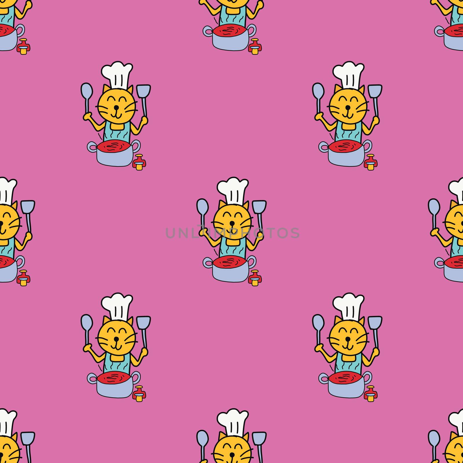 Seamless pattern of hand drawing cute yellow cat cooking by iiinuthiii
