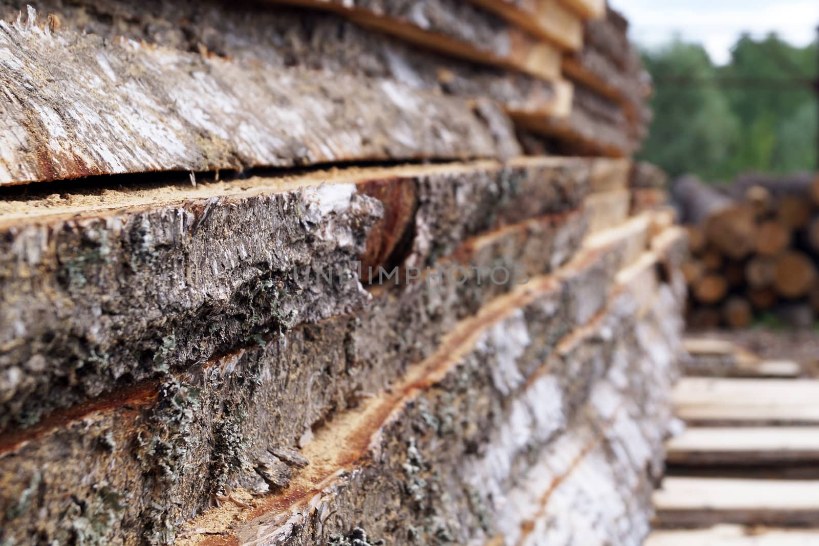 unedged lumber, stacked open air close-up