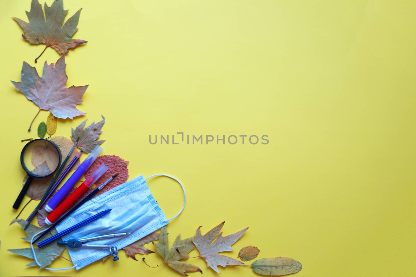 school stationery, mask and autumn leaves on a yellow background, copy space, mockup blank. by Annado