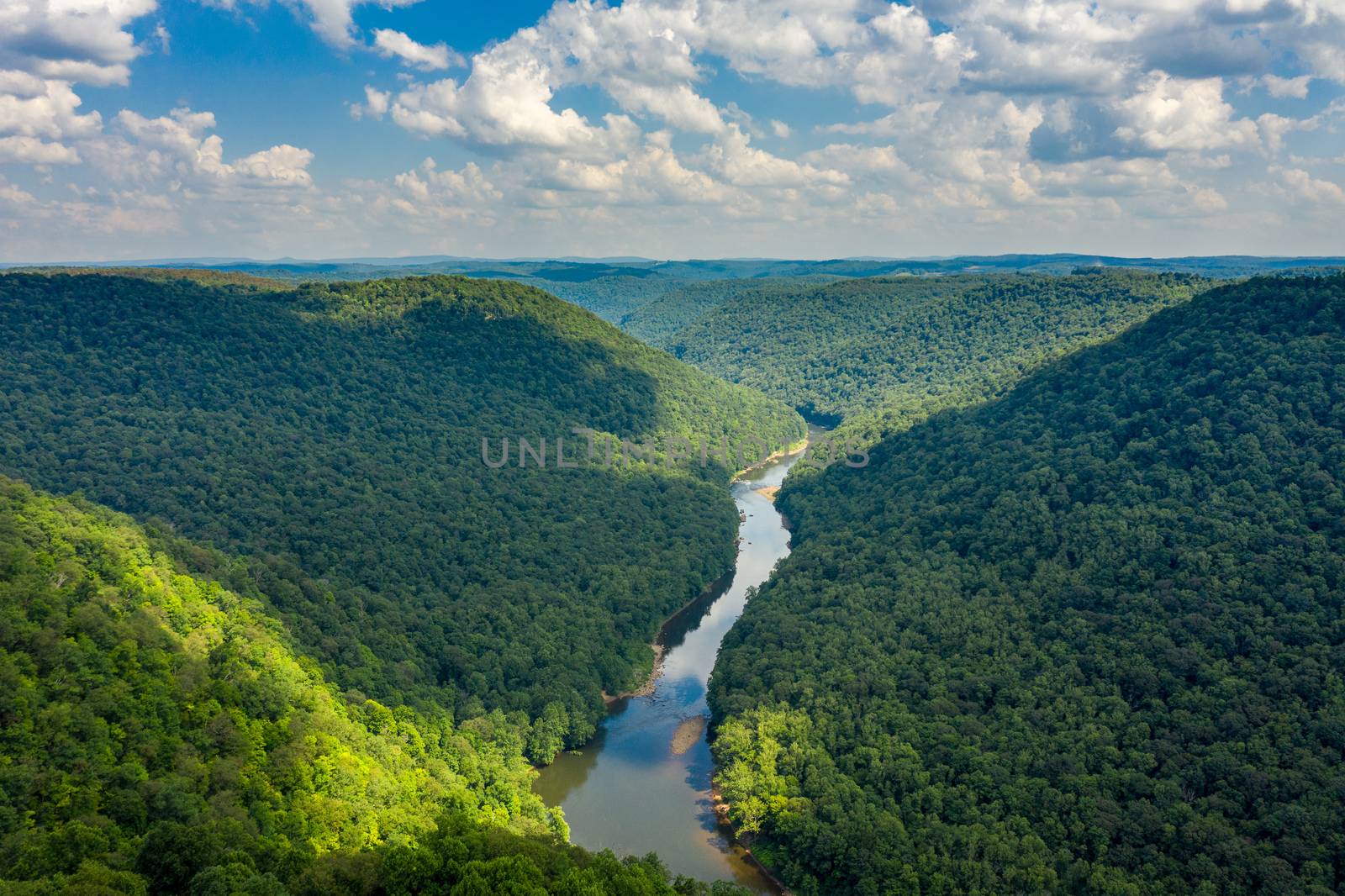 Cheat River makes its way through narrow wooded gorge towards Cheat Lake near Morgantown, WV