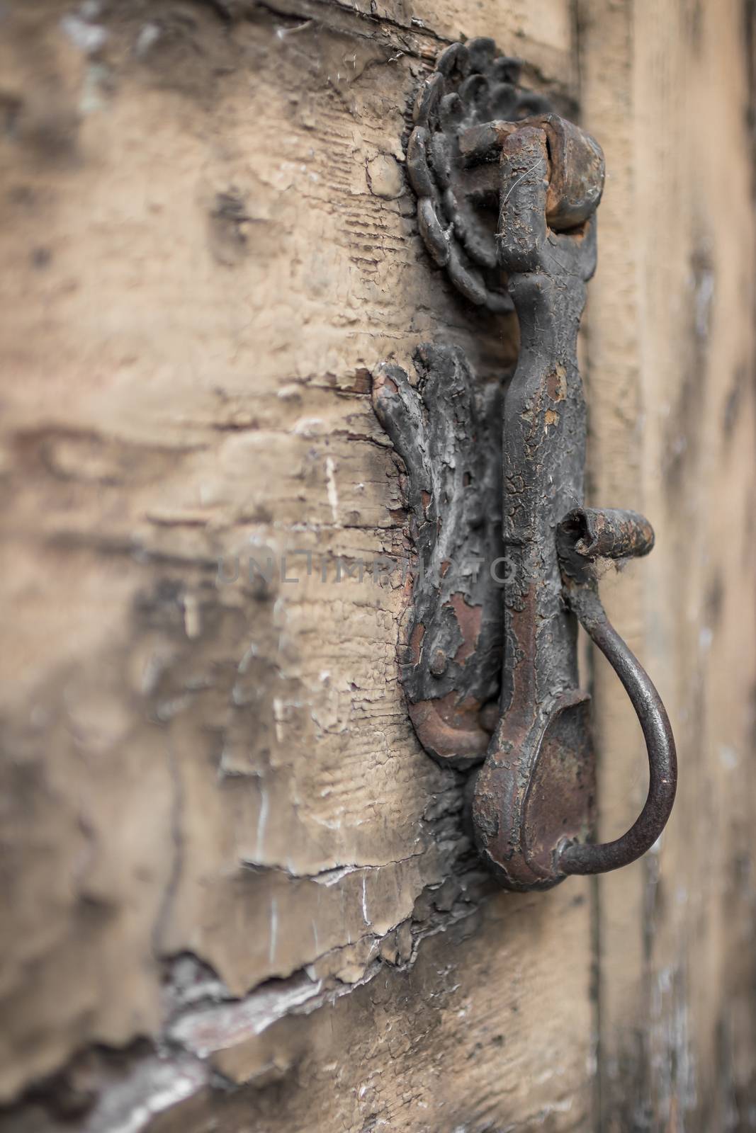 Extreme close-up of an old door knocker on ruined.