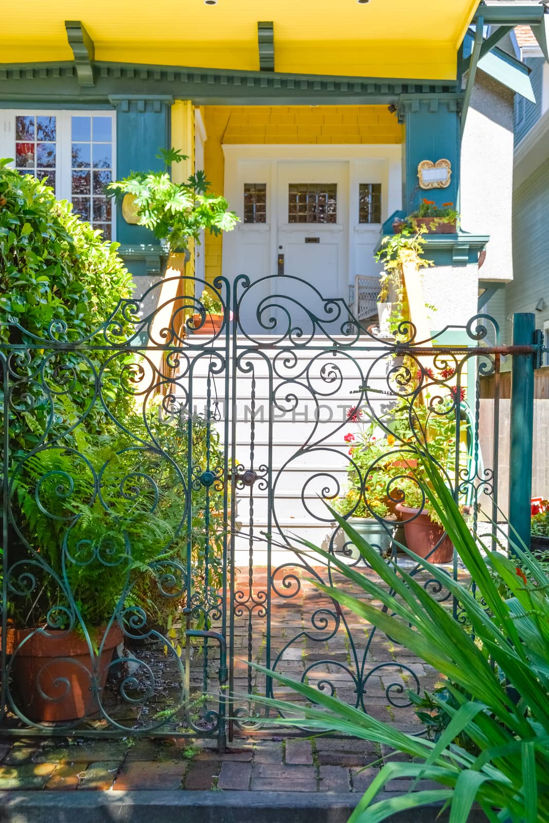 Elegant, decorative metal gate at the entrance of residential house
