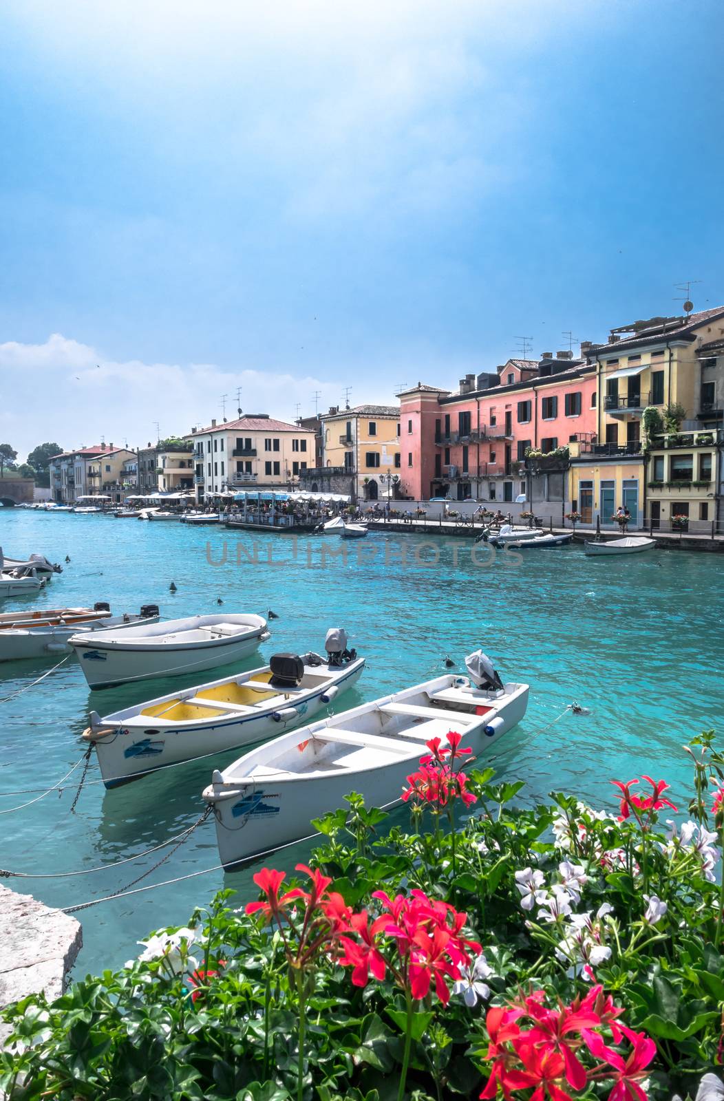 Peschiera del Garda (VR) ITALY - June 2, 2018. Colorful harbor and boats view.