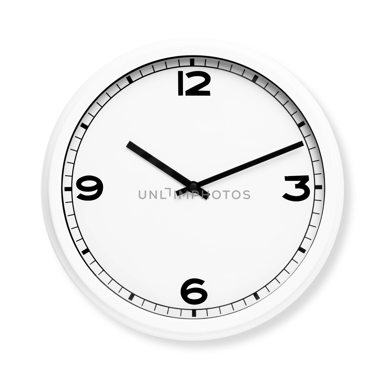 Vintage white clock in a round shape, on a white background.