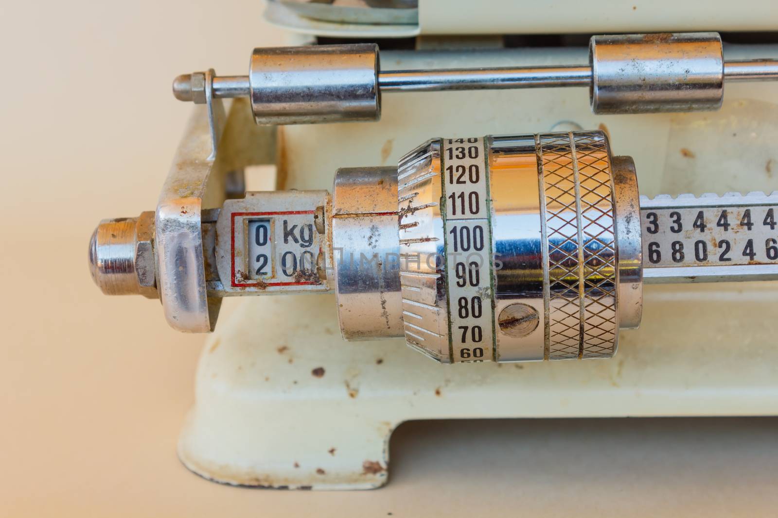 close-up of a mechanical gauge of a weight scale of the 1950
