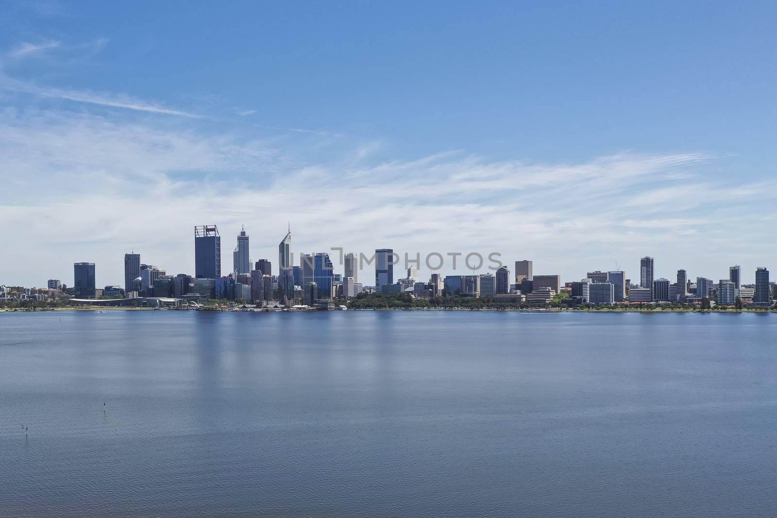 Aerial view across the water of the city of Perth in Western Australia in Australia